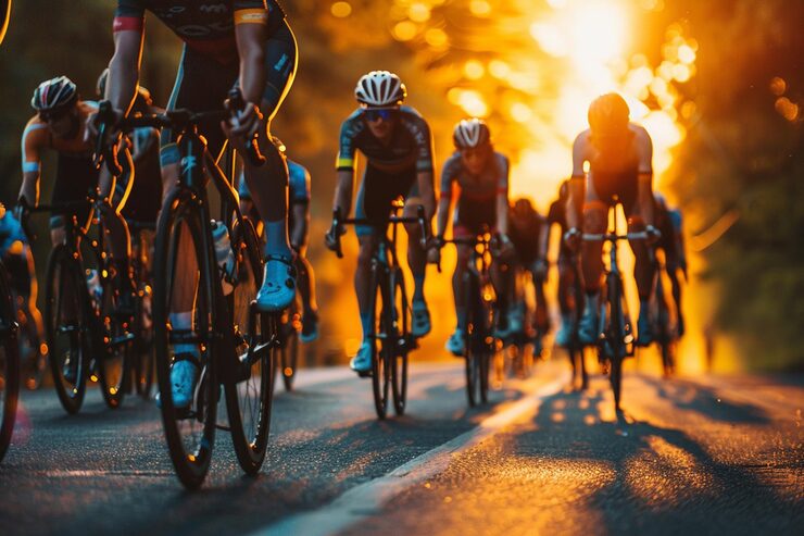 um-grupo-de-ciclistas-esta-correndo-por-uma-estrada-ao-por-do-sol_862994-406255